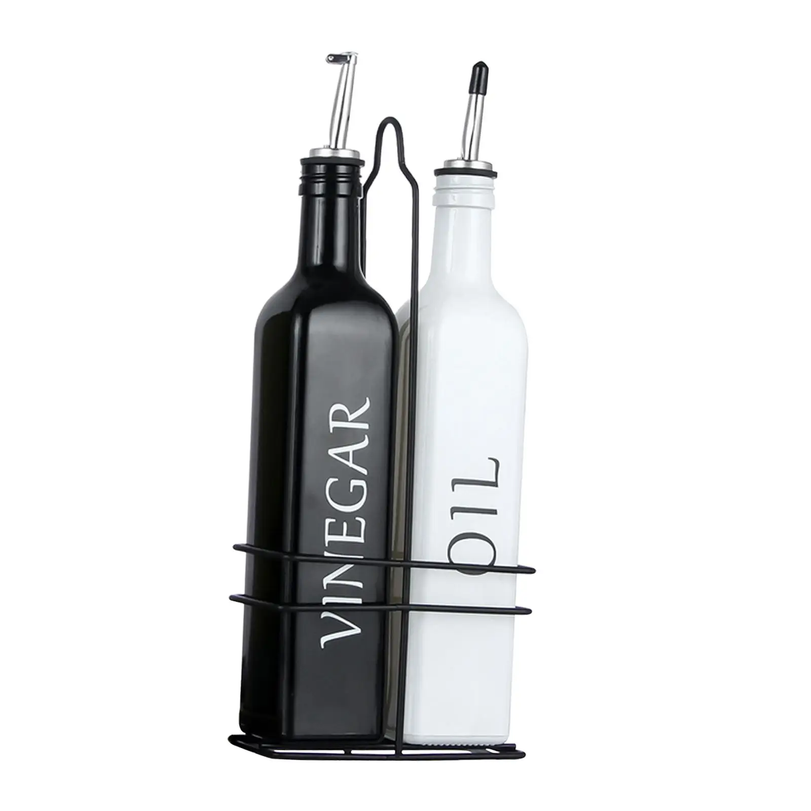 500ml 17oz Oil and Vinegar Dispenser Set with Caddy Holder Vinegar Bottle Black & White Dispenser Bottle Glass Set for Farmhouse 6