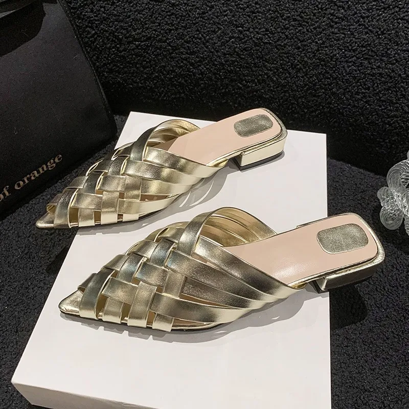 2024 New Summer Gold Silver Low Heels Slippers Women Pointed Toe Thick Heeled Gladiator Sandals Woman Brand Designer Heels Women