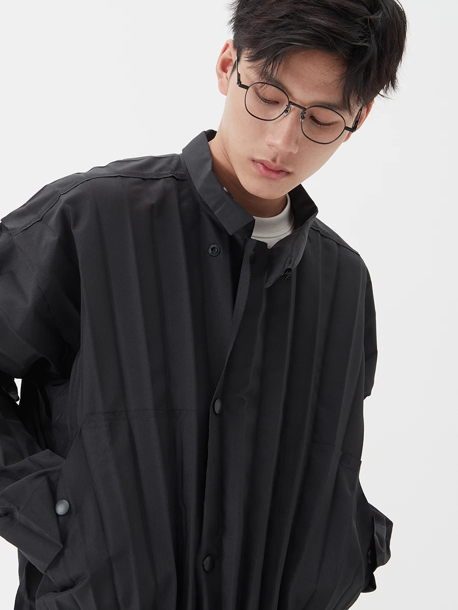 Miyake Pleated Men's Clothes Designer Style Zipper Button Pleated Stand Collar Jacket 4