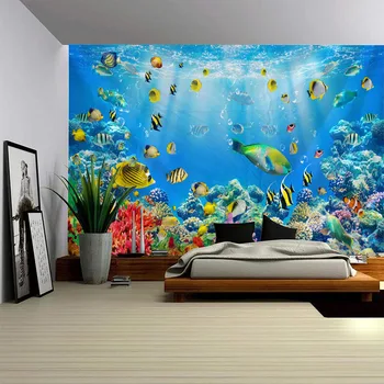 Mondo sottomarino Arazzo da parete Appeso Delfino Squalo Alghe Decorazione artistica per la casa Sfondo Decorazione da parete per camera da letto Decorazione per cartoni animati 1