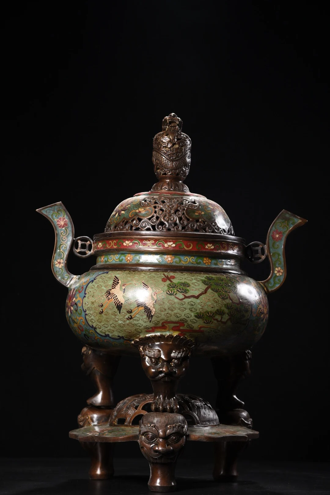 

19"Tibetan Temple Collection Old Bronze Cloisonne Enamel Dragon Chinese Loong Statue Ruyi Ear incense burner Base Worship Hall