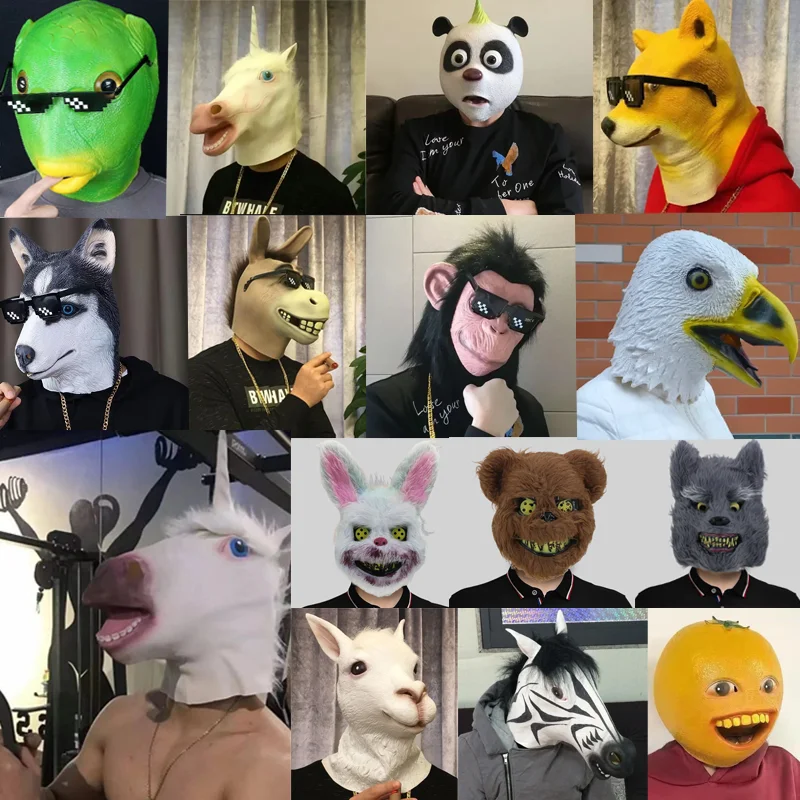 Divertente Animal Headmask Christmas Carnival Party Mask Latex Animal Headgear Novità Halloween Eagle Donkey Dog Rabbit Head Prop