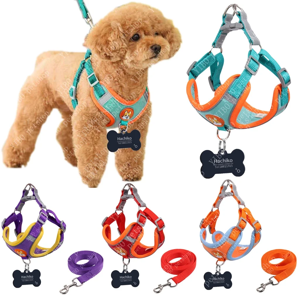 

Pet Dog Cat Reflective Vest Harness and Leash Set+Personalized Stainless Steel Name Engraved ID Tags