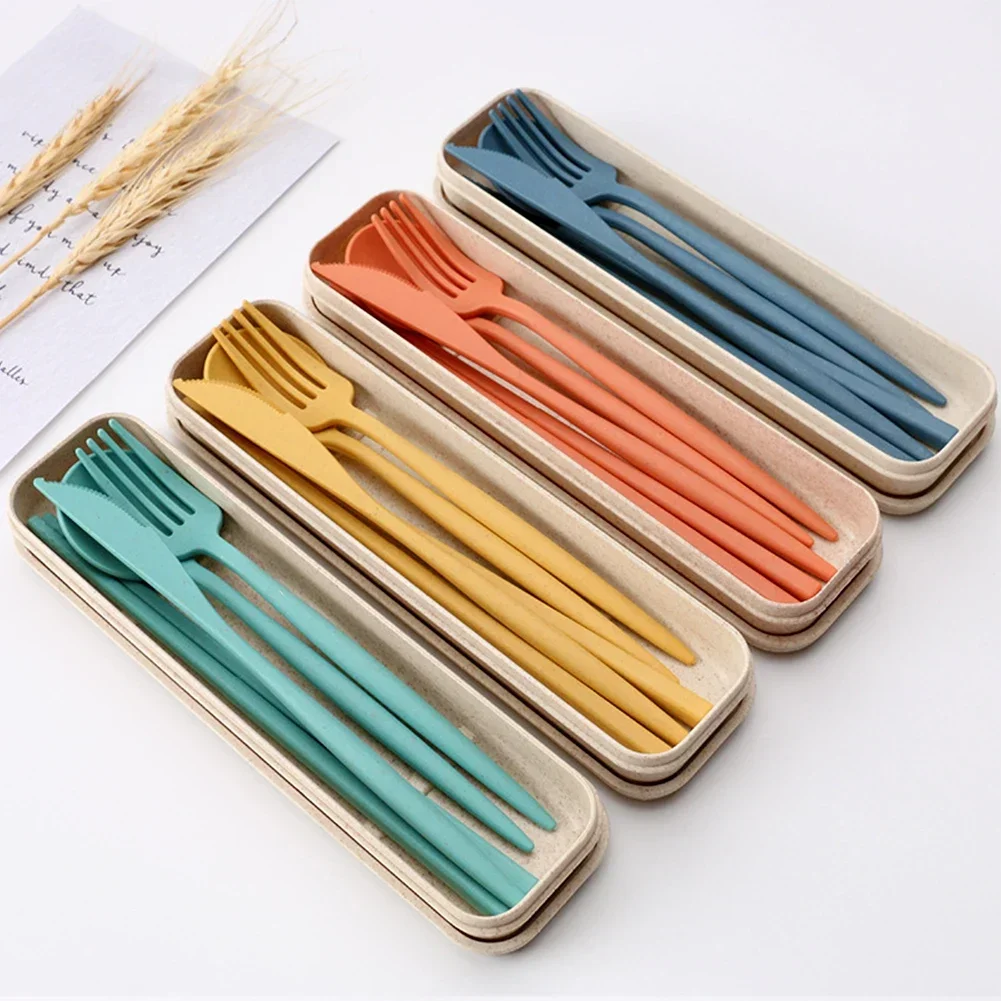 4pcs/Set Dinnerware Sets Creative With Case Plastic Knife Fork Spoon Chopsticks Sets Travel Cutlery for Kitchen Tableware
