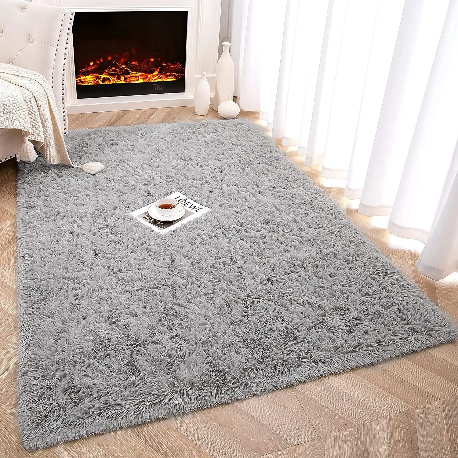 Noahas Alfombra negra esponjosa para sala de estar, alfombra de área de 5 x  8 pies, alfombra de felpa gruesa, alfombras peludas para dormitorio