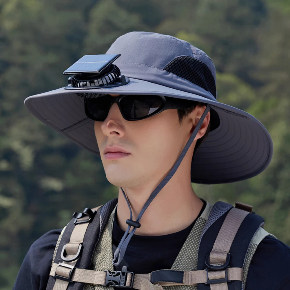 Wide Brim Solar Fan Hat Outdoor Fishing Hat UV Protection Outdoor Sun Hat with Removable & USB Charging Fan for Men Women