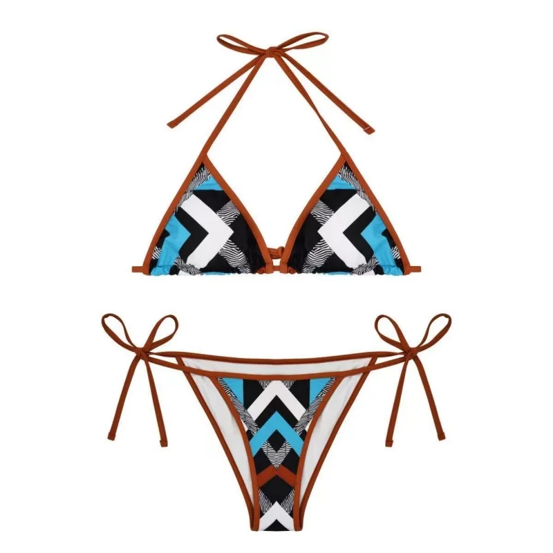 Luxury Sexy Ladies Wang Bikini Brazilian Beach Swimsuit Set Thong Bandage Drawstring Halterneck Three-Point Bikini Two-Piece Set