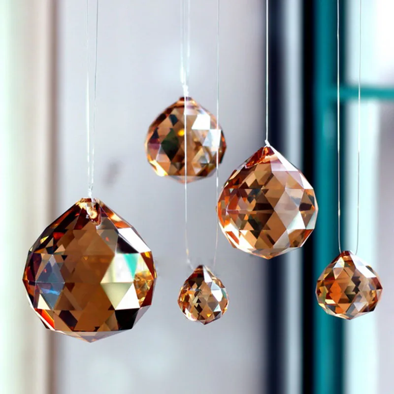 Crystal Prisms Faceted Ball Gold Champagne Sphere Crystals Sun Catcher Chandelier Prism Parts DIY Home Wedding Decor Ornaments