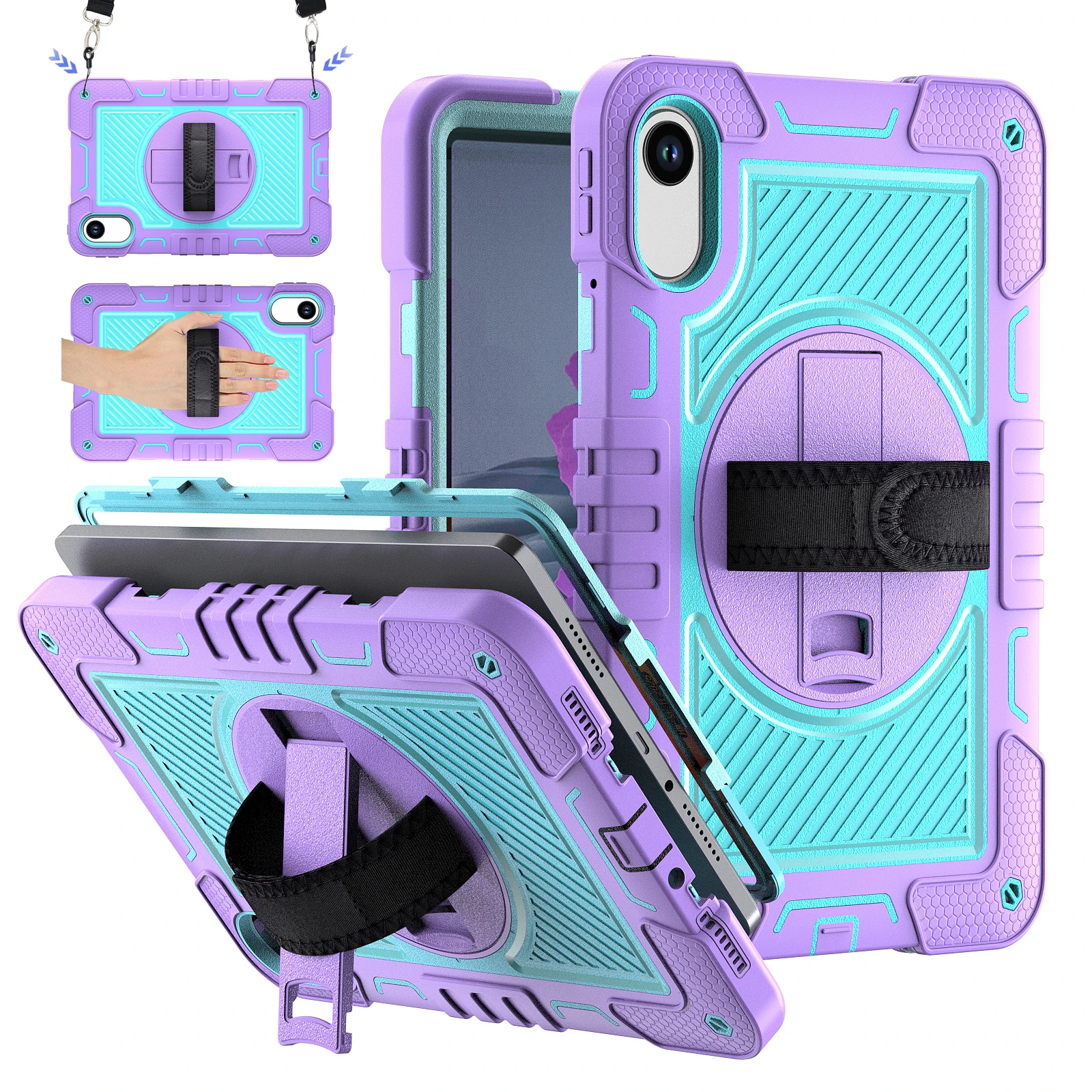 360 Rotating Stand Armor Case with Shoulder Strap - Durable Silicone + PC Hybrid Cover