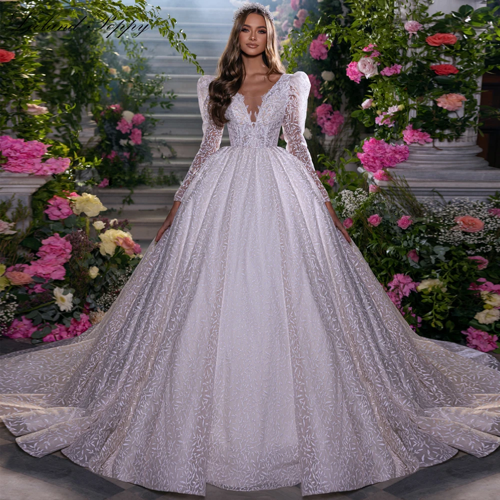 

Lceland Poppy A Line Luxury V Neck Lace Wedding Dresses 2023 Floor Length Puff Sleeves Beaded Bridal Gowns with Cathedral Train