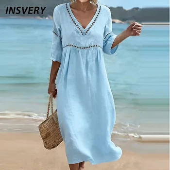 Summer V Neck Half Sleeve Loose Beach Holiday Dress Women Casual Hollow Out Design Solid Color A-line Midi Dress Boho 1