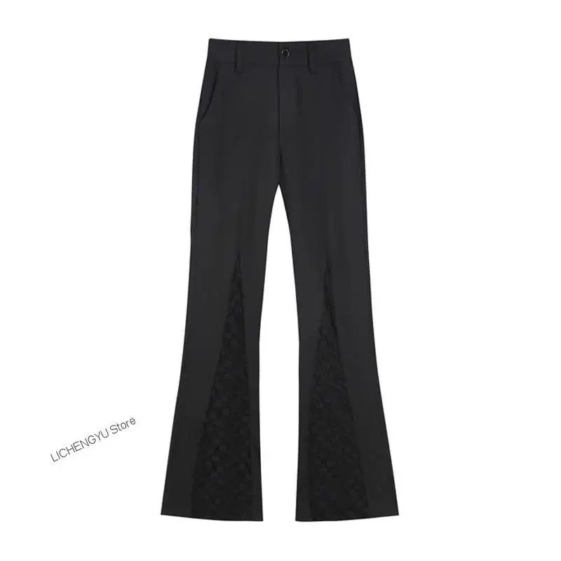 2022 Autumn Thin Black Sexy High Waist Women Casual Long Pants Lace Splicing Gothic Fashion Streetwear Wide Leg Pants Female blood supply original dead leaves gradient open stitch vintage organza belt loose thin gothic cardigan sun proof jacket autumn