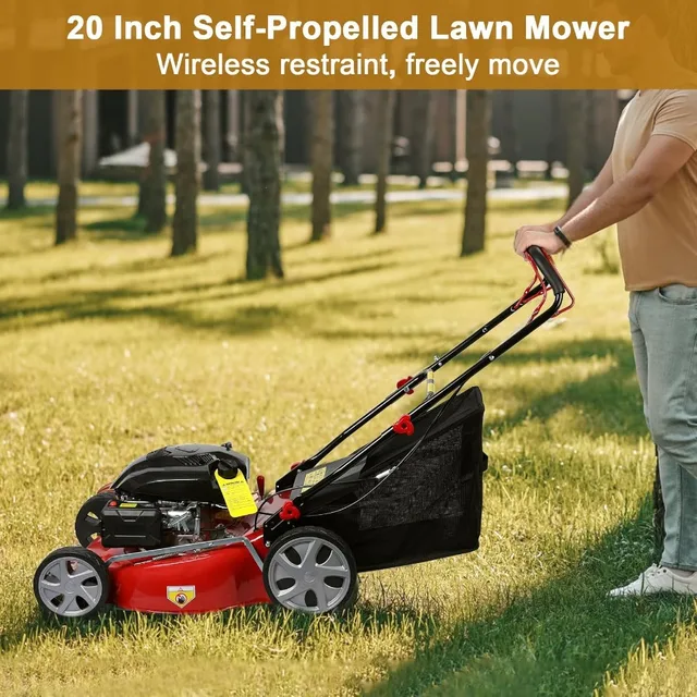 Self-Propelled Gas Lawn Mower with 141cc 4-Stroke Engine 20-Inch Blade Walk-Behind Design 50L Grass Collection Bag Large Wheels 3