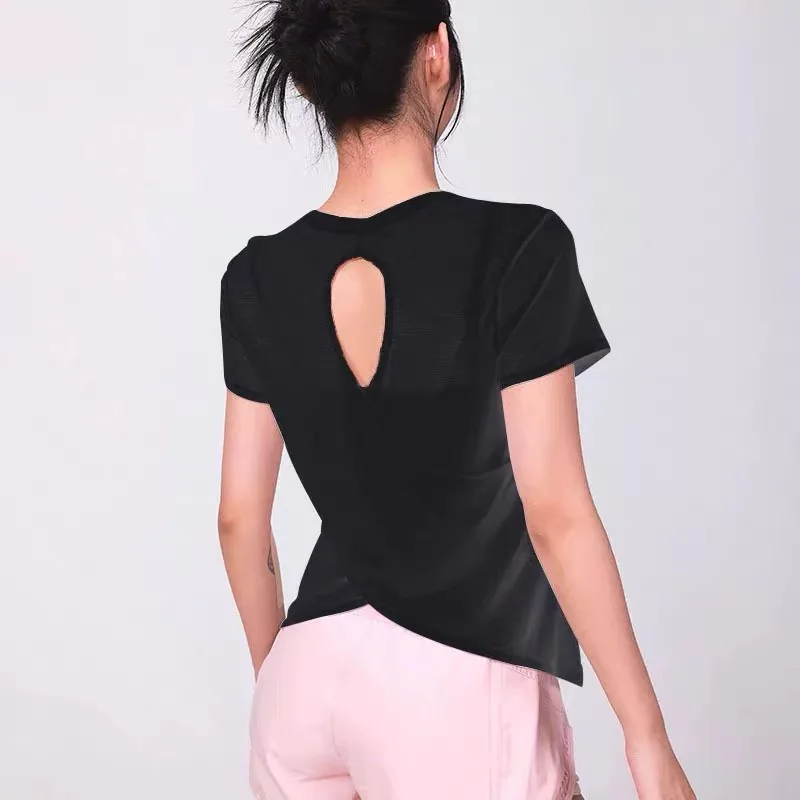 Bamboo Yarn Breathable Short-Sleeve Hollow-Back Yoga Blouse