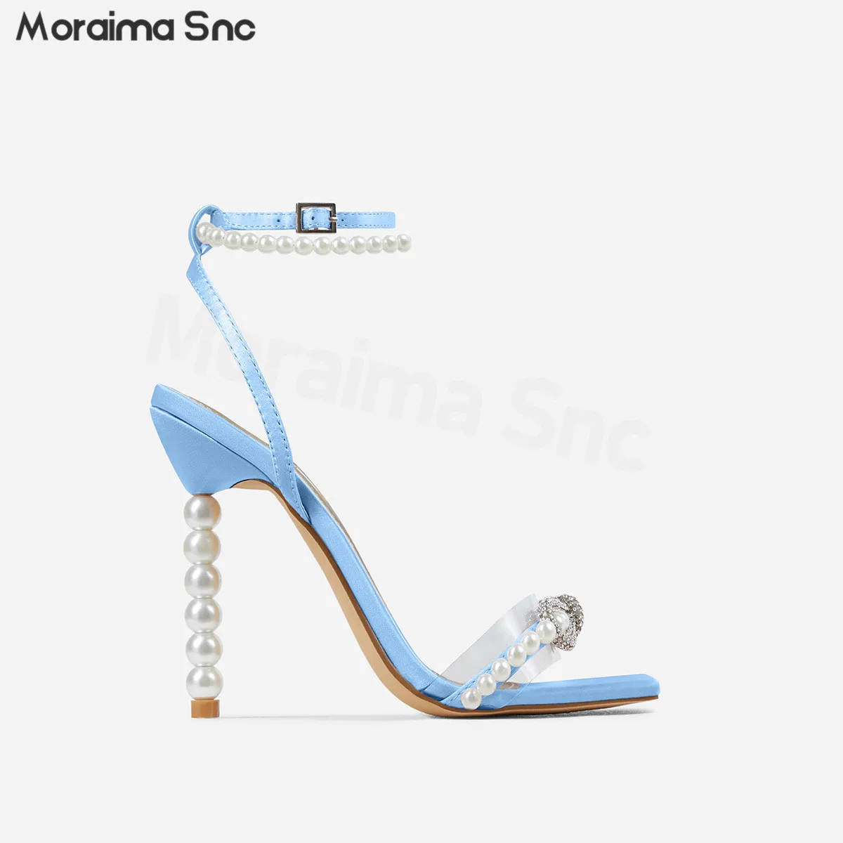 White Pearl Chain Temperament Sandals Square Toe Pearl Heel Rhinestone Bow Knot High Heel Sandals Multicolor Women's Shoes