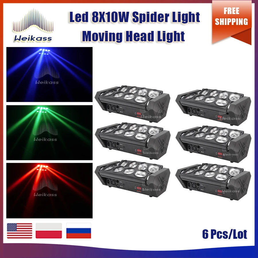 

0 Tax 6Pcs Good Quality Factory Directly Sale Moving Head Lights LED Spider 8x10W RGBW Beam Light for bar Nightclub Party