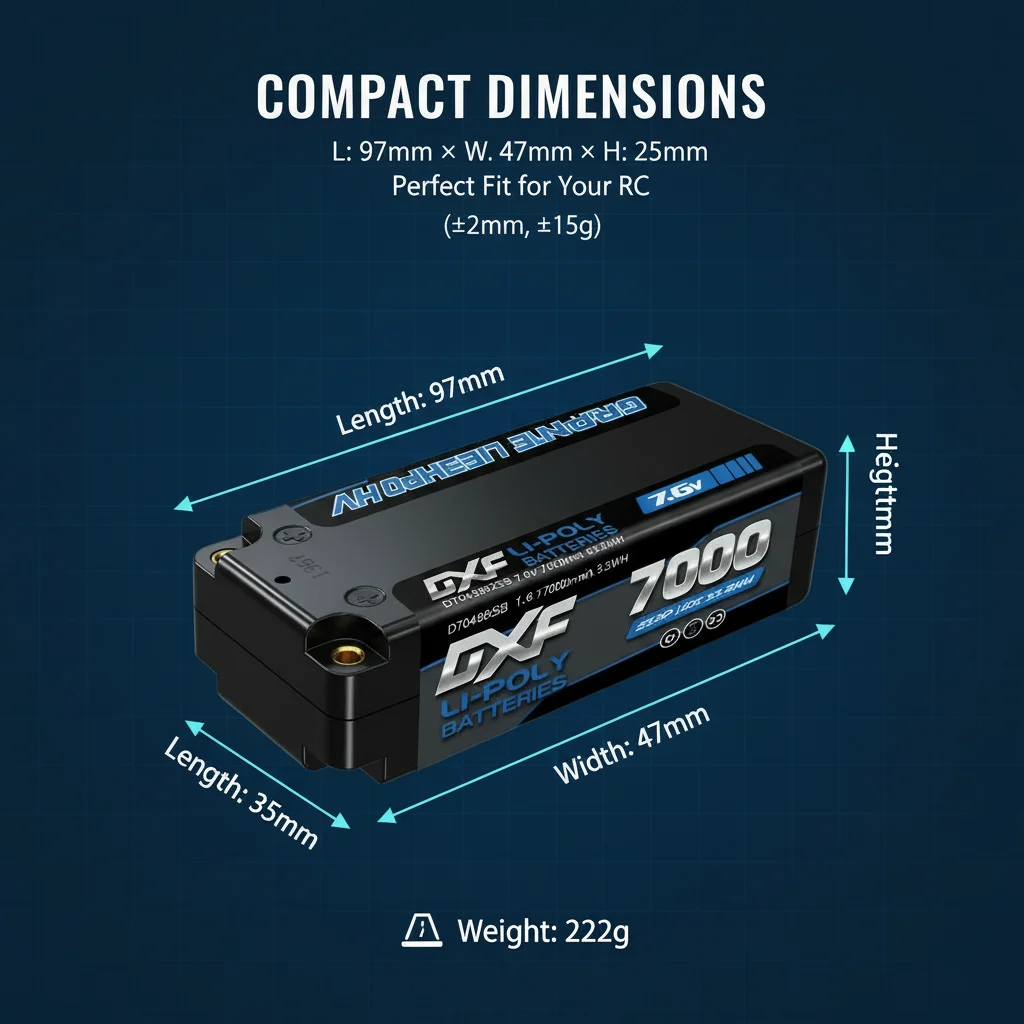 Gros plan sur une batterie LiPo 2S 7.4V 140C montrant le connecteur 5mm