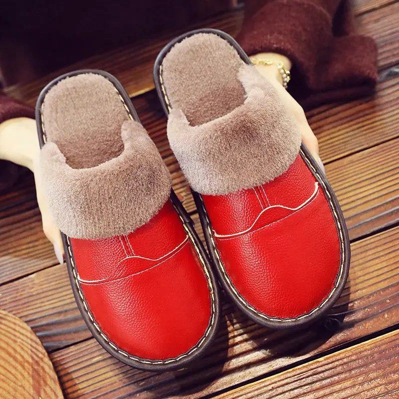 Pantoufles en cuir et coton pour couples d'intérieur, pantoufles en peau de vache, fourrure et peluche, maison chaude, automne et hiver