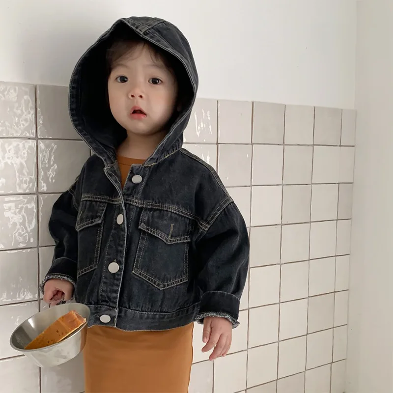 Childrens Clothing 2023 Spring New Korean Style Boys and Girls Hooded Denim Jacket Short Children Denim Clothing