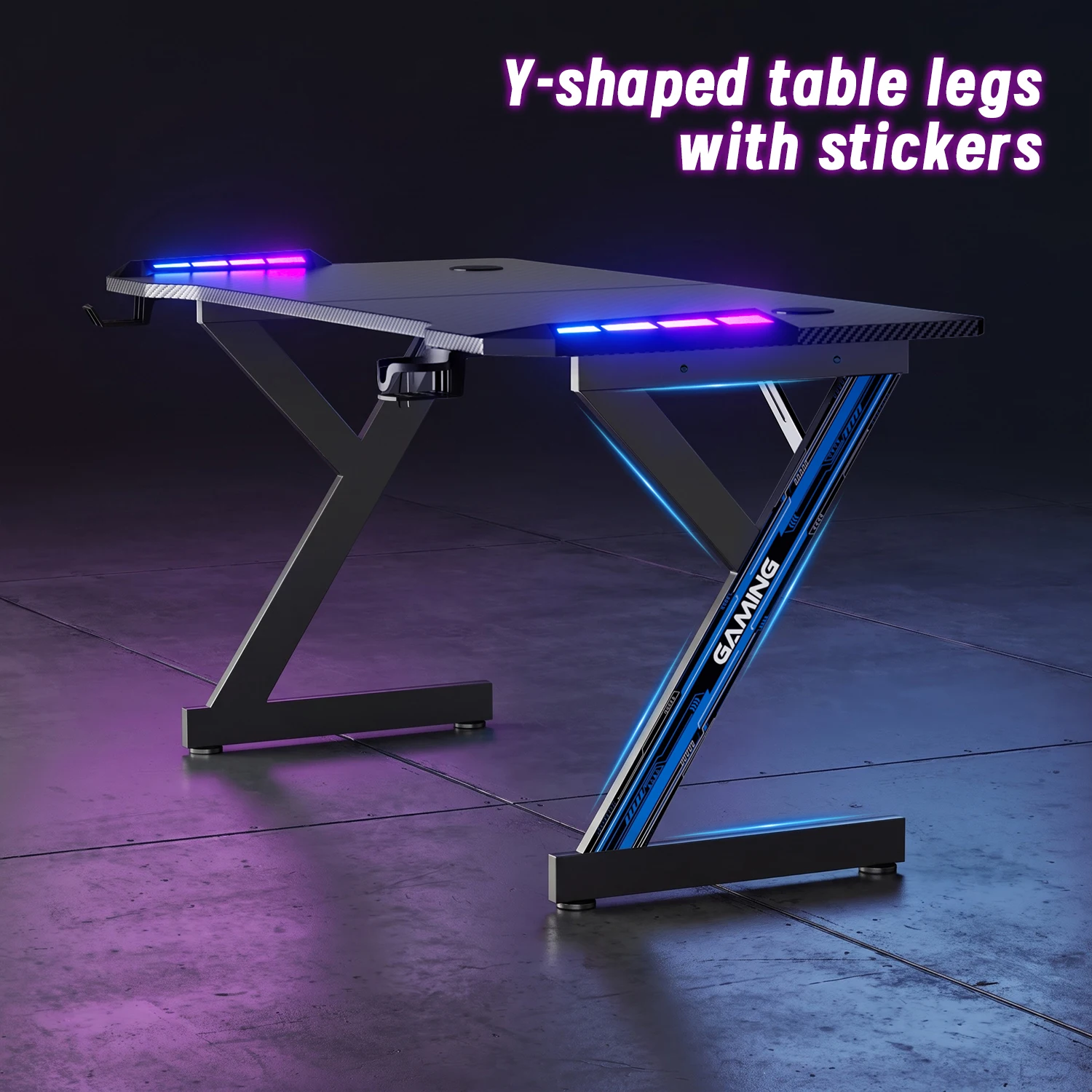 Gaming Desk with RGB LED Lights, Carbon Fiber Surface Gaming Table, Y‑Shaped Game Computer Desk with Cup Holder & Headphone Hook, Adjustable Leveling Feet for Home Office Gaming Room