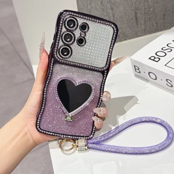 Gradient Glitter Rhinestone Phone Case with Heart - shaped Mirror Stand and Strap Bling Cover - Galaxy S26+ (PURPLE)