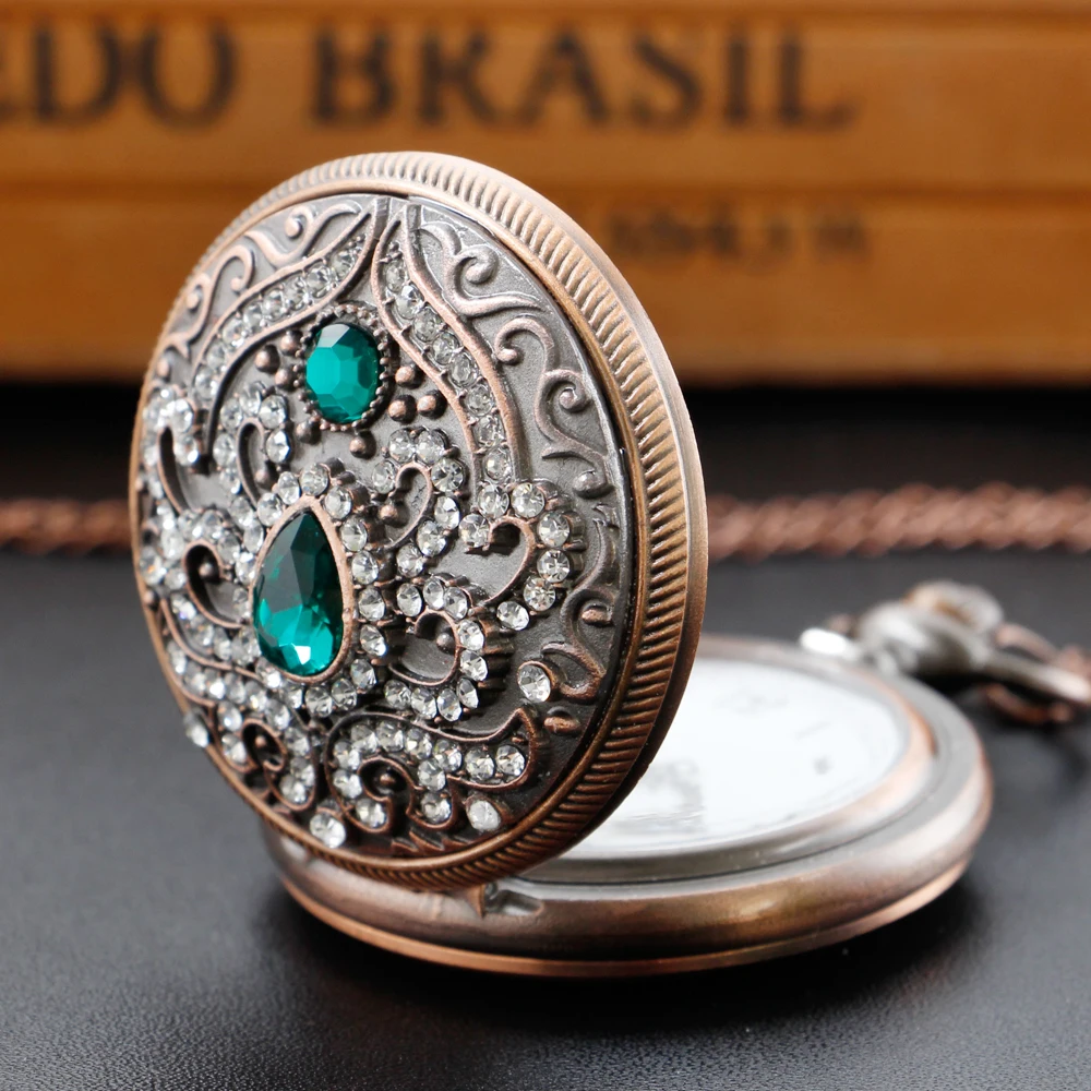Luxury Emerald Gem Vintage Ladies Necklace Pocket Watch Digital Pendant Chain Clock Fashion Sculpture Women's Gift
