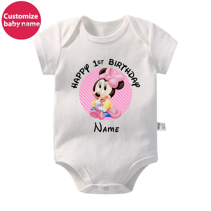 New Custom Name Baby Boys Girls Bodysuits Personalised Happy 1st Birthday Mickey Minnie Mouse Infant Birthday Rompers Gifts 3