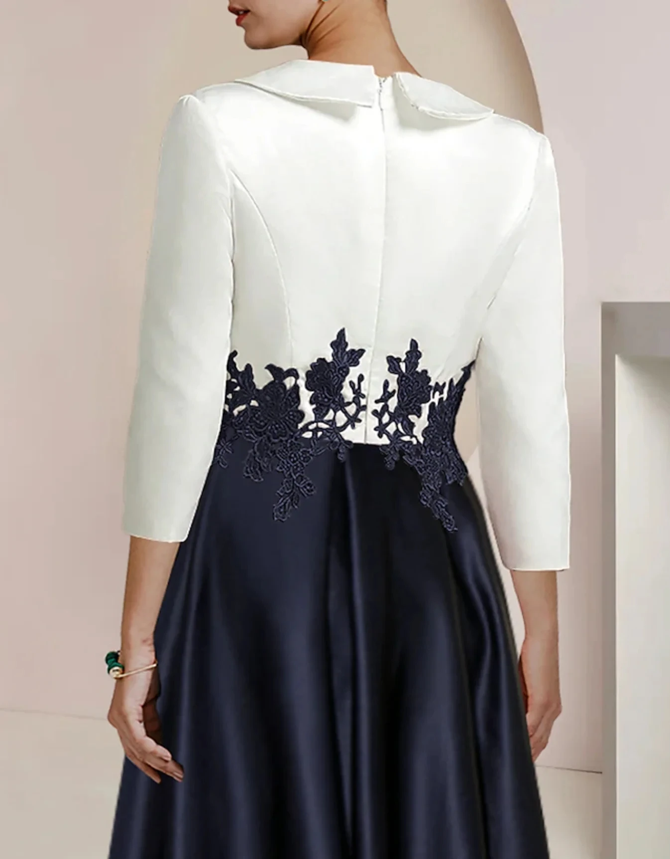 Asymmetrical V-Neck 3/4 Length Sleeve Mother of the Bride Dress A-Line Satin Ball Gown