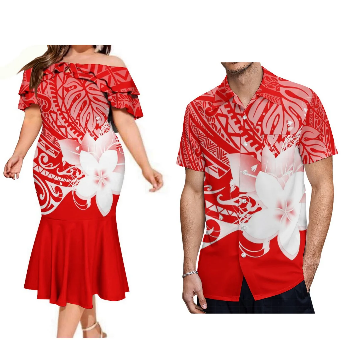 

Polynesian Islands Samoa Red Floral Couple Suit Women'S Off-The-Shoulder Dress For Dinner Evening Gown With Hawaiian Men'S Shirt