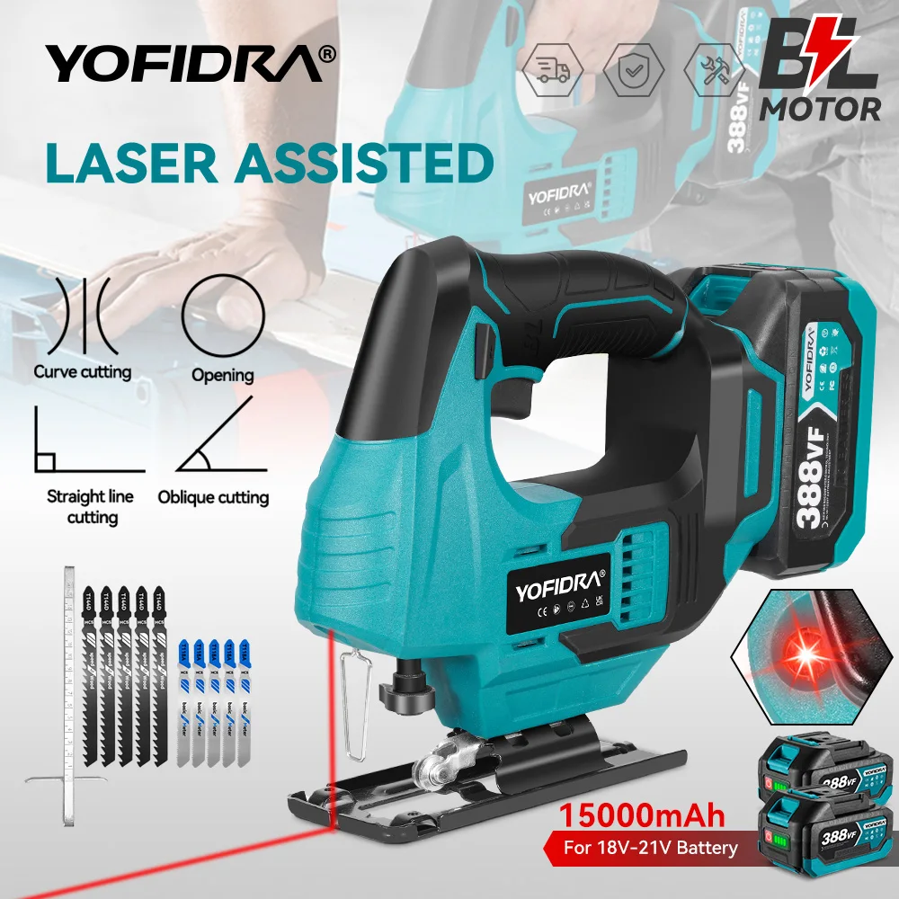 YOFIDRA 3800rpm Brushless Electric Jig Saw Infrared Laser Curve Saw Multi-Function Woodworking Tool For Makita 18V Battery pin