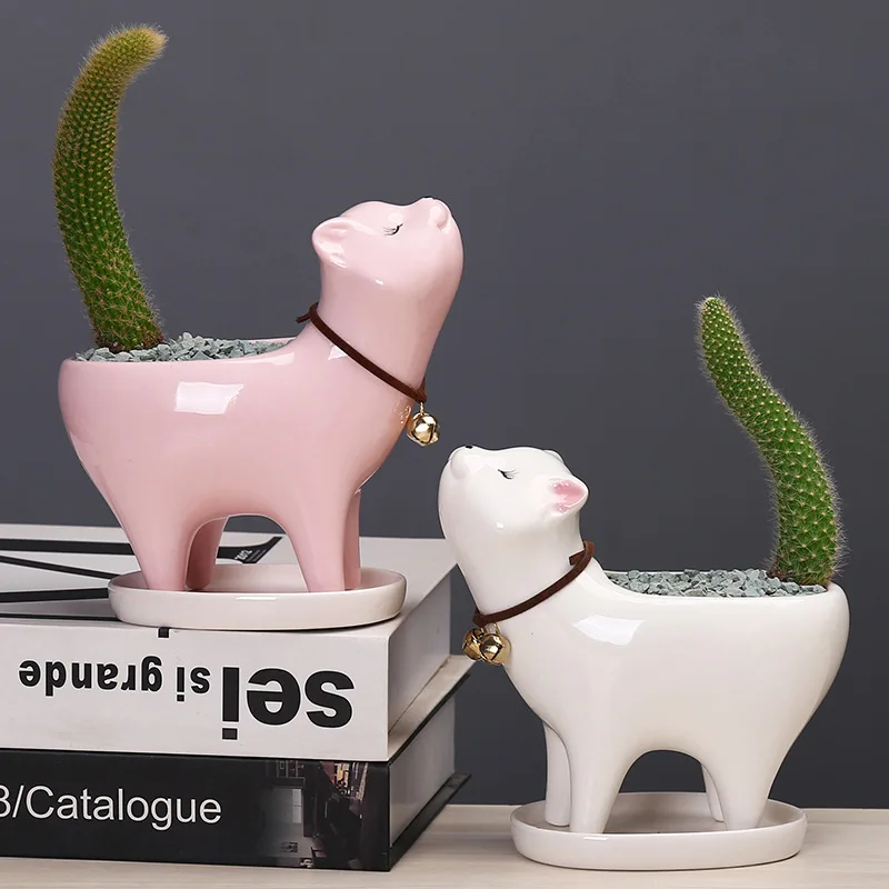 

Handmade Horticultural Cat Tail Fleshy Cactus Ceramic Flowerpot Cartoon Cute Personality Ornaments Pots for Plants Home Decor