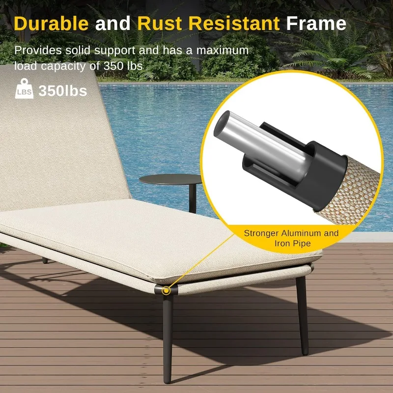 Aluminum Chaise Lounge, Adjustable Patio Lounge Chair with Side Table, 5 Reclining Positions for Outdoor, Pool, Yard, Beach