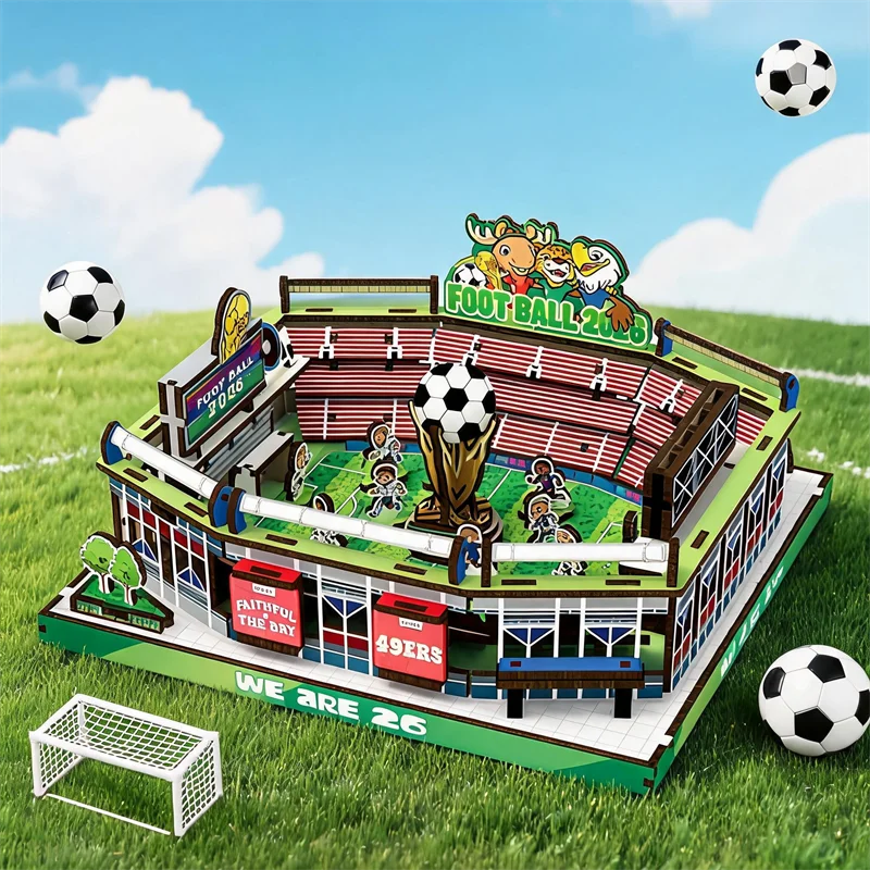 2026년 축구컵 경기장 3D 나무 퍼즐 DIY 조립식 장난감 탈부착 가능한 점수판 팬들을 위한 선물 어린이 성인 데스크탑 장식