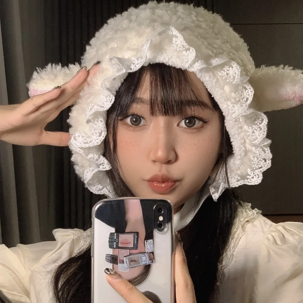 

Пушистый костюм, кружевные шапки с кошачьими ушками, теплая мягкая Милая шапка-мешок для косплея из ягненка, шапка, уличные зимние теплые шапки, рождественский подарок