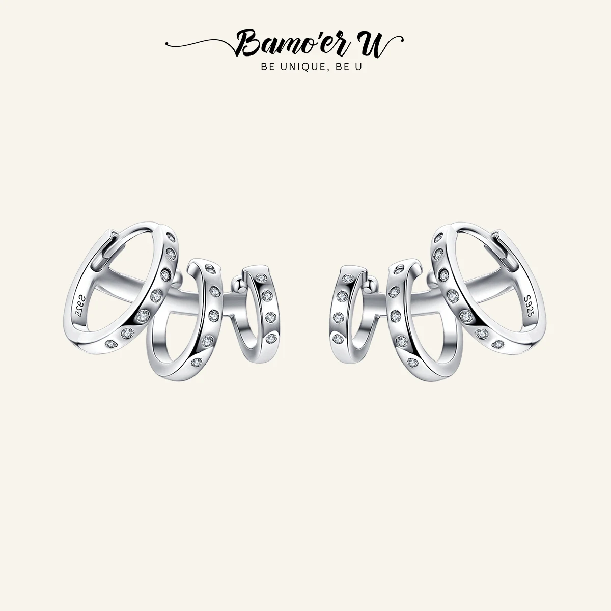 BAMOER U Ear Cuff Genuine 925 Sterling Silver Punk Tirple Circle Hoop Earrings for Women Ear Clips Chic Fashion Jewelry BSE085