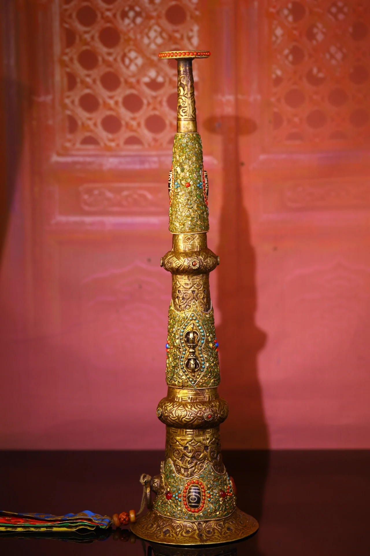 

19"Tibetan Temple Collection Old Bronze Mosaic Gem gZi Beads Shell Vajra Pattern Buddha Horn Amulet Worship Hall Town house