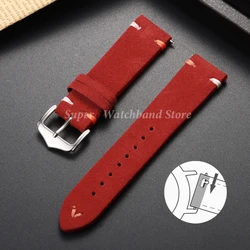 Vintage Suede Leather Watch Strap with Handmade Stitching - Soft and Universal Replacement Wristband - 18mm (Red)