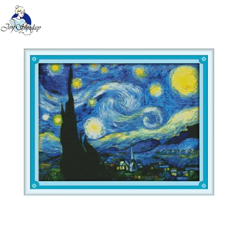 Joy Sunday Cross Stitch Kit The Starry Night of Van Gogh Pattern DIY Needle Embroidery Kits Stamped Counted Canvas Aida 16/14CT