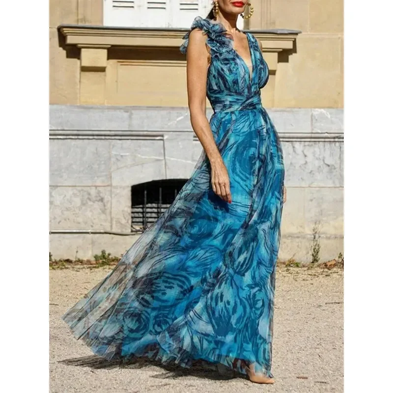 

2023 Bohemian Resort Style Flowers Peacock Blue Polo Dress Print Evening Dress Dress
