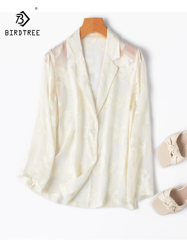 

BirdTree, 100%Real Silk OL Elegant Shirt, Women Tailored Collar Flower, Loose Versatile Sunscreen Suit, 2024 Summer T453107QC