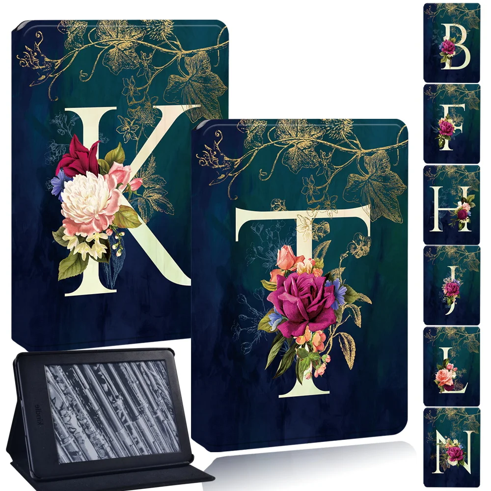 

Tablet Case for Kindle Paperwhite 1/2(6th Gen)/3(7th Gen)/4 (10th Gen) Flower 26 Letters Funda for Kindle 10th Gen 2019/8th 2016