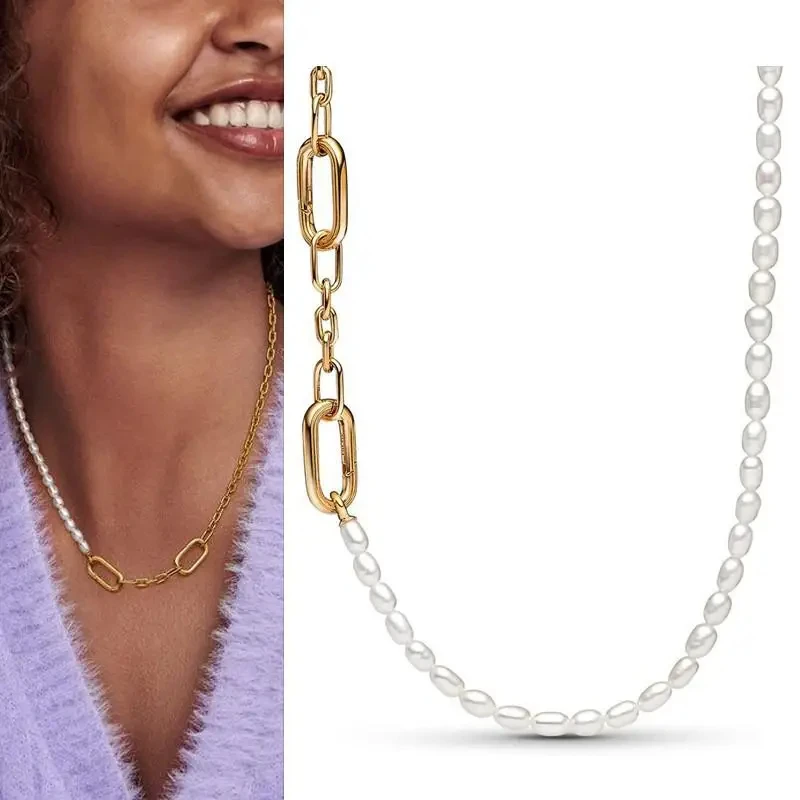 New Women's Original Logo ME Series Beaded Double Layer Chain and Pearl Necklace 925 Sterling Silver DIY Charm Jewelry Gift