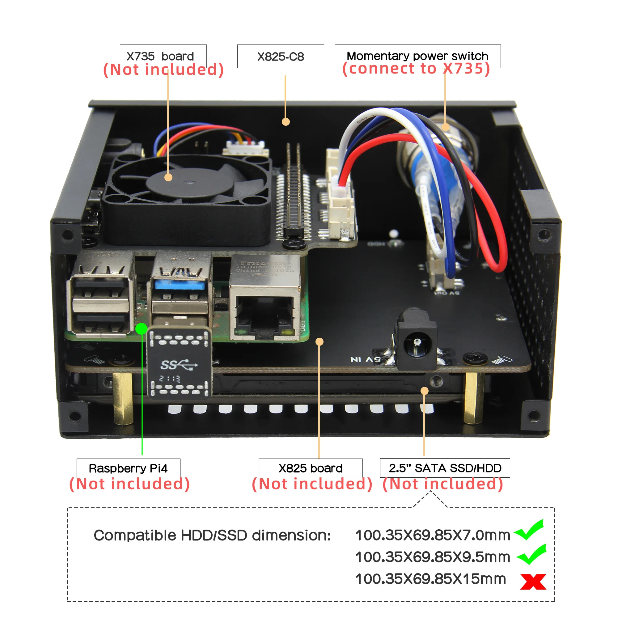 Geekworm X825-C8 Metal Case with Cooling Fan & Power Switch for X825 V2.0 + X735 + Raspberry Pi 4 raspberry pi case
