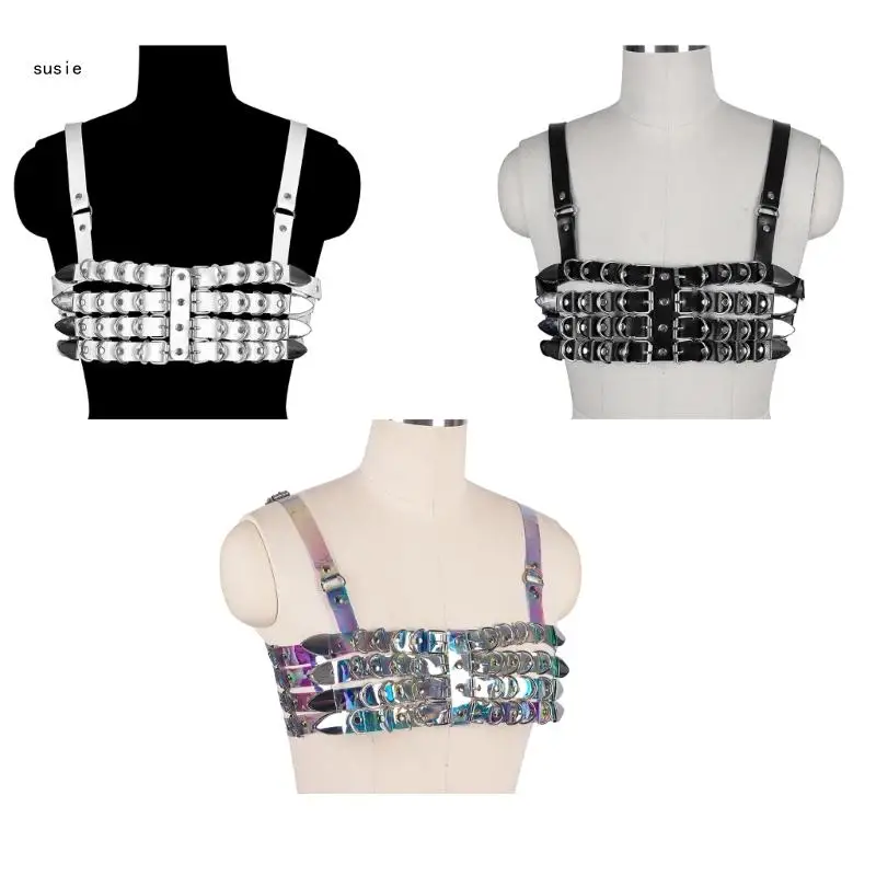 

X7YA Gothic Body Chain Harness PU Black Chains Layered for Cosplay Party Harness Gothic Body Accessories for Women