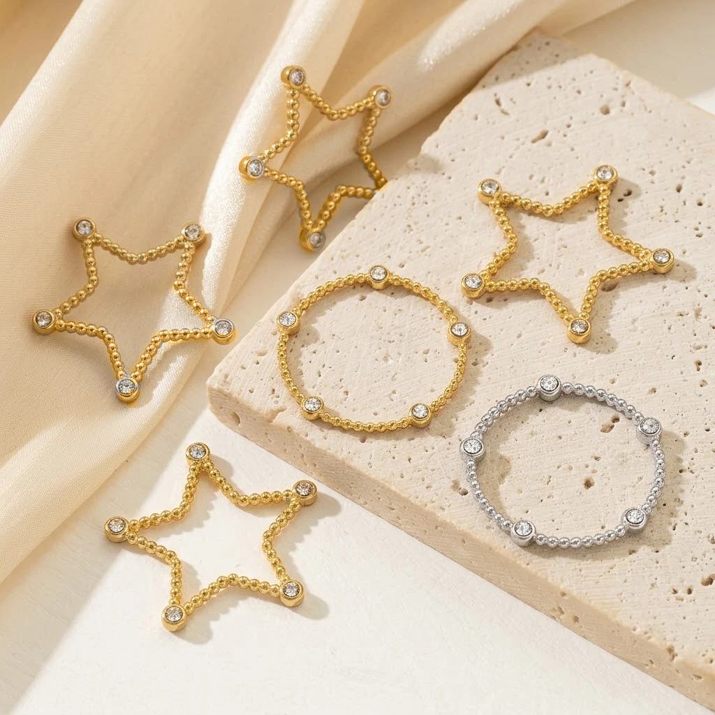 2 Stück Edelstahl-Anhänger in Form von runden Wassertropfen und Sternen mit hohlem Rahmen für DIY-Ohrringe, Halsketten, Anhänger und Schmuckherstellung. – Detail 1