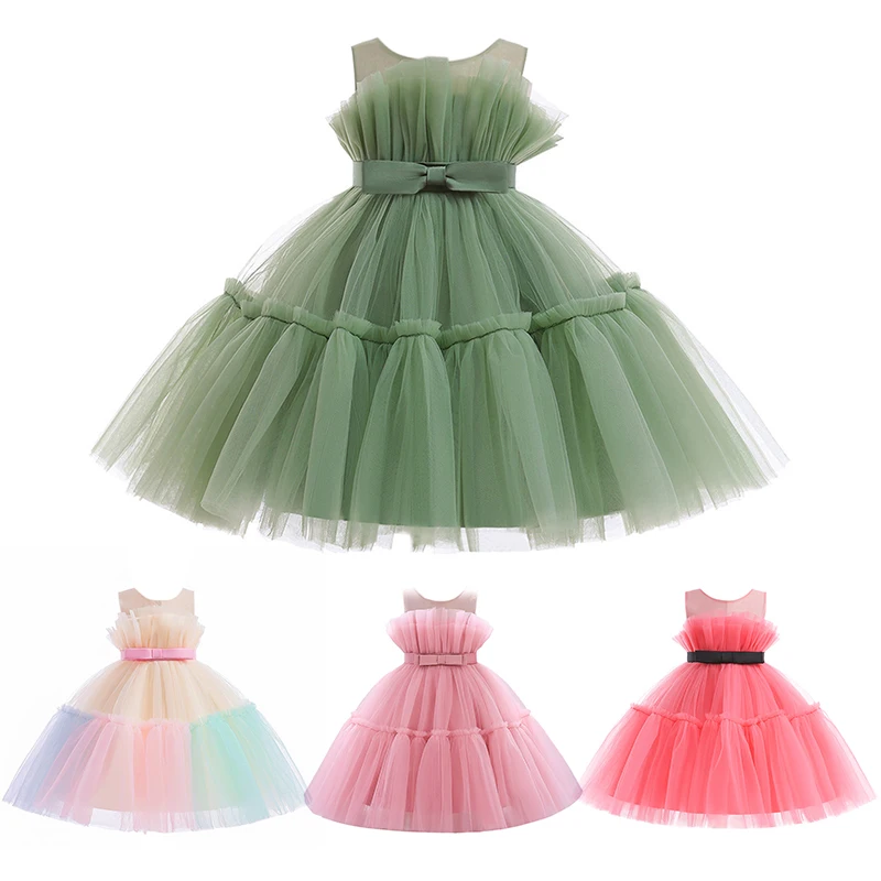 

VOGUEON Baby Girls Fashion Birthday Party Ball Gown Toddler Kids Tulle Bow Baptism Dresses Children Wedding Tutu Evening Dress