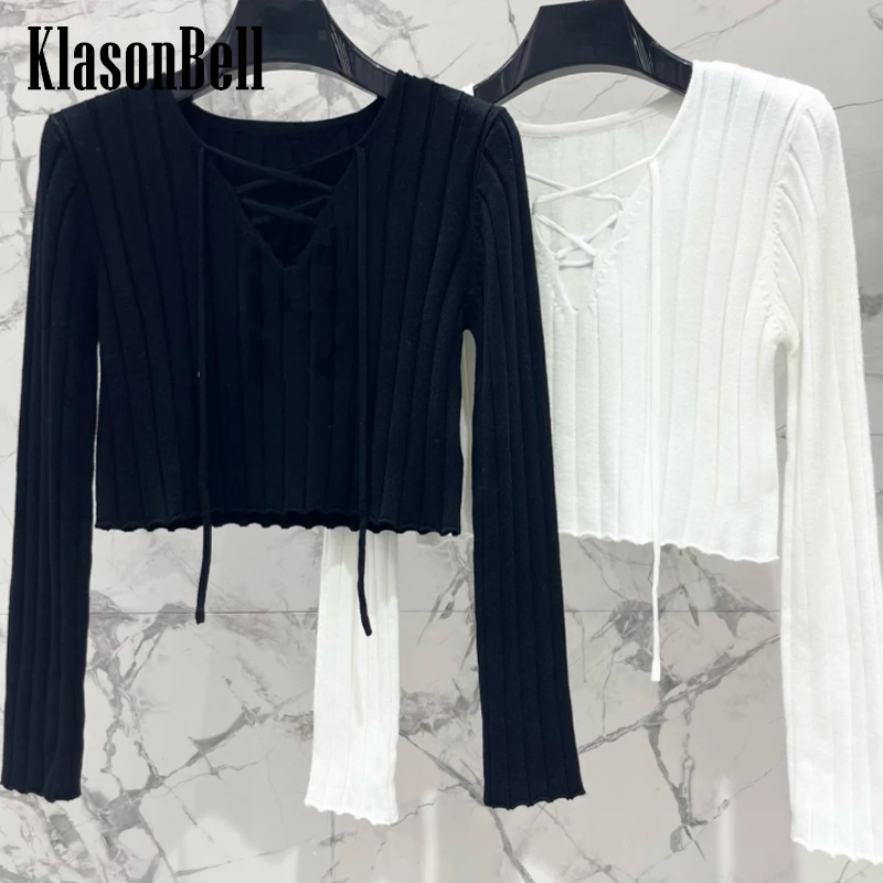 

3.19 KlasonBell Solid Lace-up V-Neck Fashion Soft Comfortable Short Cotton Wool Blend Pullover Knitwear Top Women