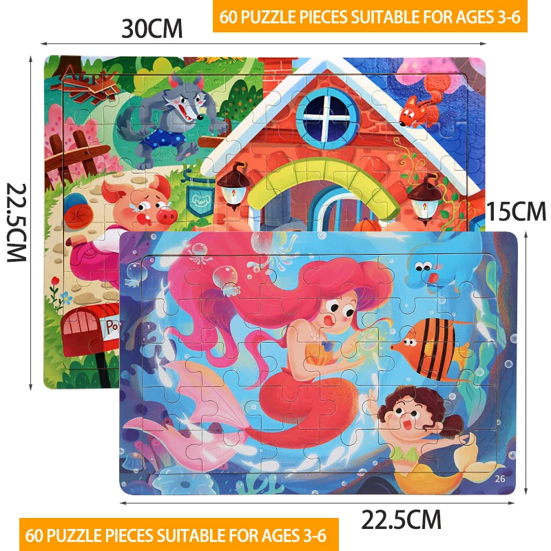 Jigsaw Puzzles Wooden Jigsaw Puzzles Wooden Puzzle Toys Educational Puzzles Wooden Kidsren's Early Education Educational Puzzle Toys 60 Pieces with Base Plate for Easy Storage Multiple Cartoon Themes