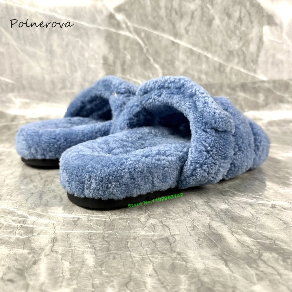 

Newest Furry Flat Modern Slippers Solid Fashion Round Toe Outside Slippers 2023 Banquet Runway Shoes for Women Luxurious Concise