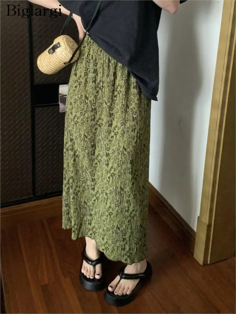 

Женская длинная юбка с цветочным принтом, плиссированная юбка с оборками и высокой талией, свободная юбка-трапеция в Корейском стиле на весну